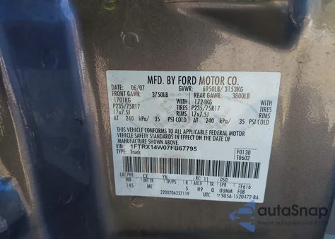 2007 Ford F-150 Fx4/Stx/Xl/Xlt z USA, uszkodzony, nr VIN 1FTRX14W07FB67795